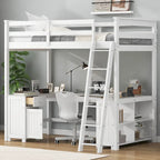 Cama alta de madera maciza blanca de tamaño matrimonial con escritorio, pizarra y cajones