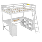 Cama alta de madera maciza blanca de tamaño matrimonial con escritorio, pizarra y cajones