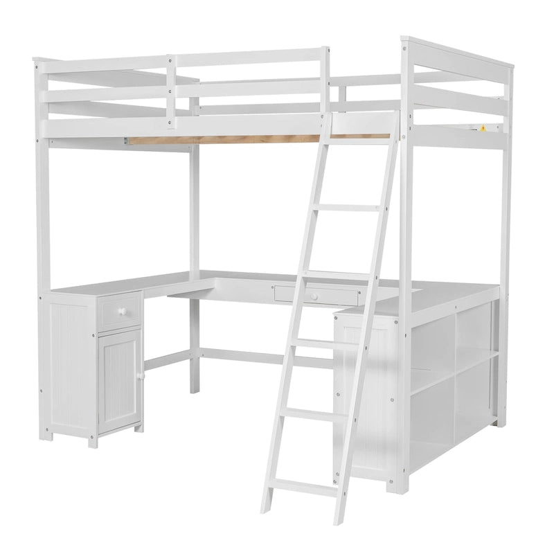 Cama alta de madera maciza blanca de tamaño matrimonial con escritorio, pizarra y cajones