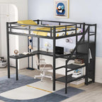 Cama alta/litera alta negra de metal completo con LED y escritorio