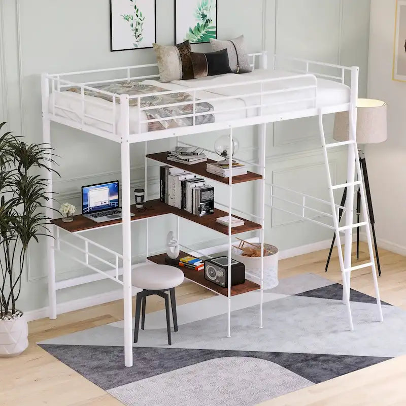 Cama tipo loft baja blanca doble con escalera y barandilla de seguridad para niños