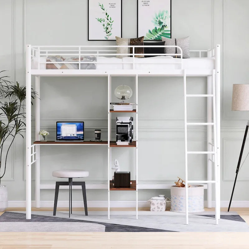 Cama tipo loft baja blanca doble con escalera y barandilla de seguridad para niños