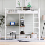 Cama tipo loft baja blanca doble con escalera y barandilla de seguridad para niños