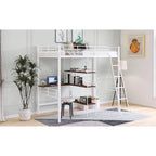 Cama tipo loft baja blanca doble con escalera y barandilla de seguridad para niños
