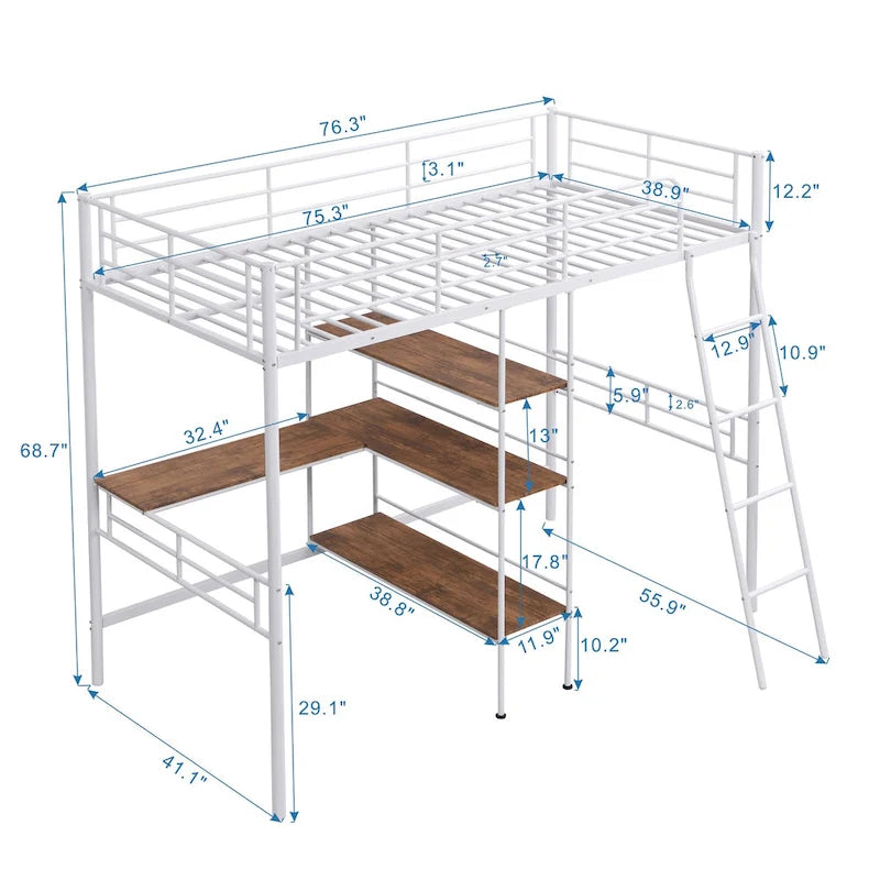 Cama tipo loft baja blanca doble con escalera y barandilla de seguridad para niños