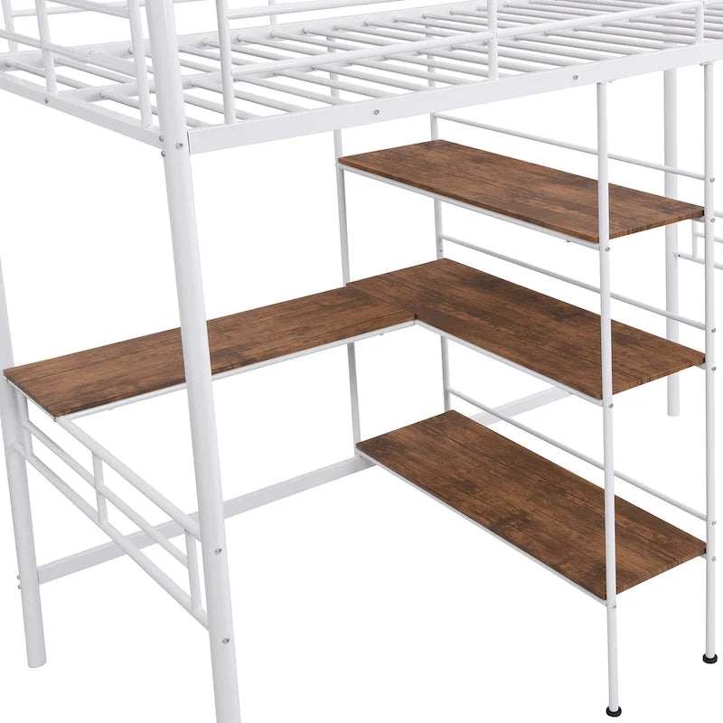 Cama tipo loft baja blanca doble con escalera y barandilla de seguridad para niños