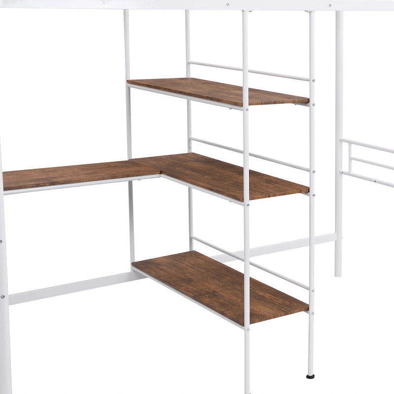 Cama tipo loft baja blanca doble con escalera y barandilla de seguridad para niños