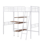 Cama tipo loft baja blanca doble con escalera y barandilla de seguridad para niños