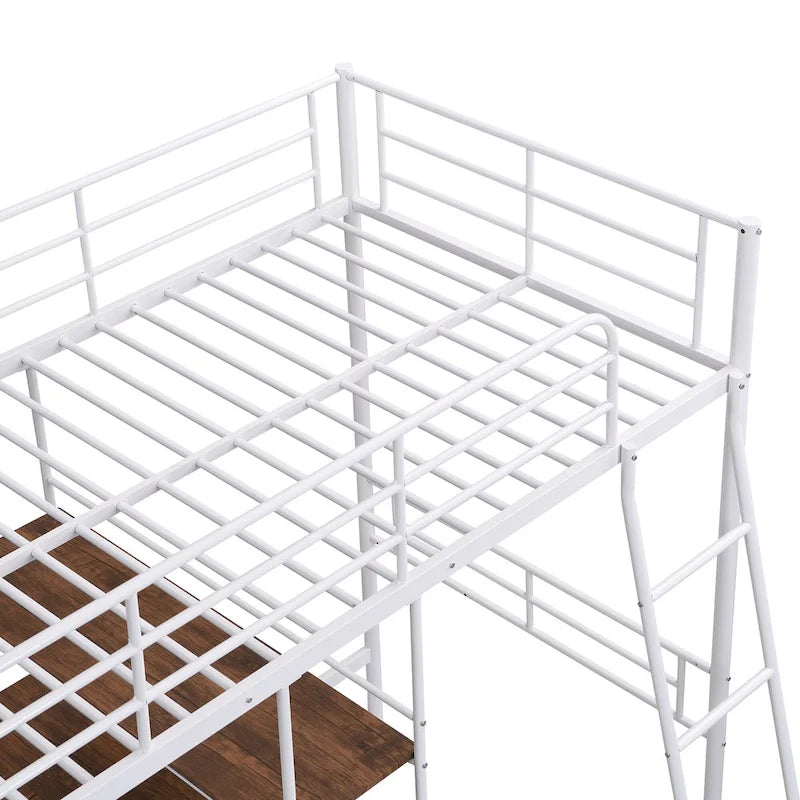 Cama tipo loft baja blanca doble con escalera y barandilla de seguridad para niños