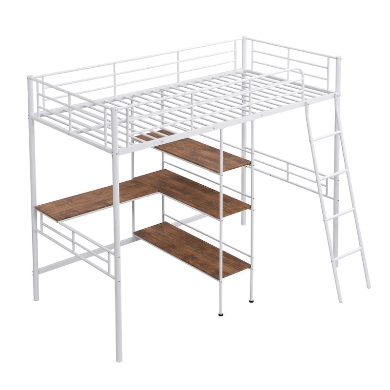 Cama tipo loft baja blanca doble con escalera y barandilla de seguridad para niños