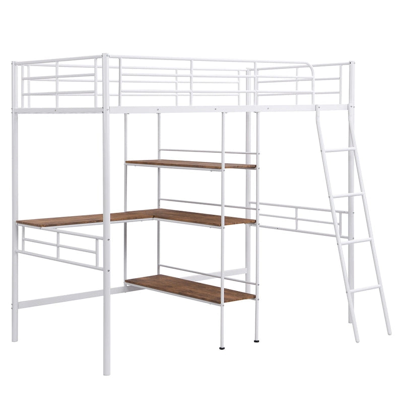Cama tipo loft baja blanca doble con escalera y barandilla de seguridad para niños