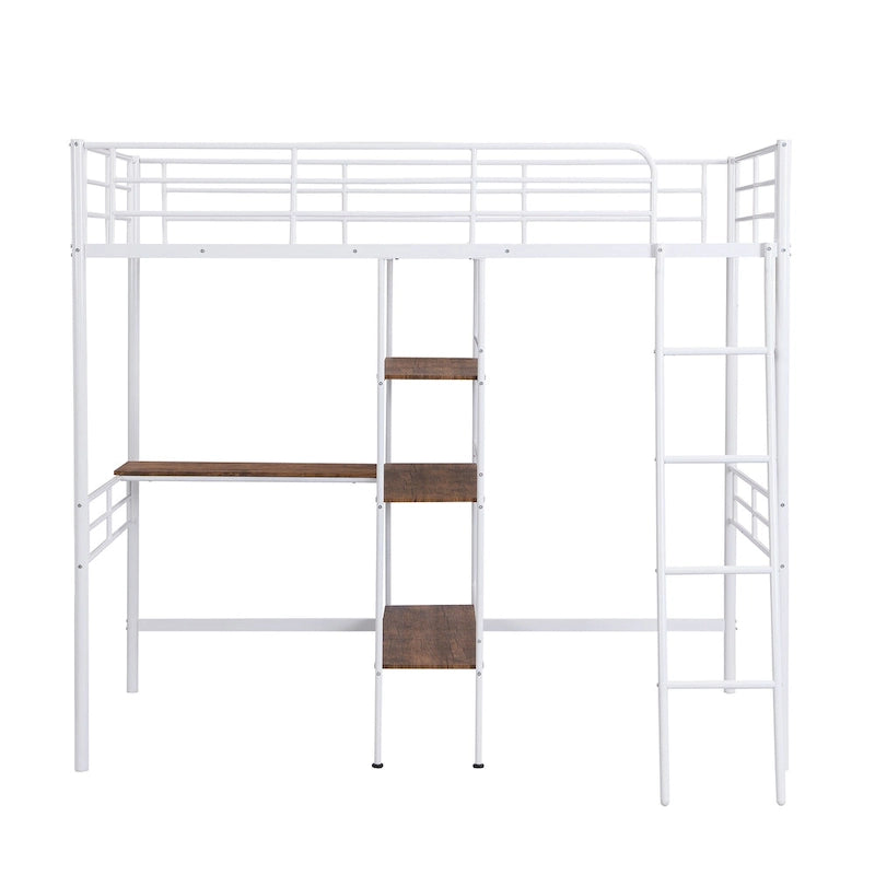 Cama tipo loft baja blanca doble con escalera y barandilla de seguridad para niños