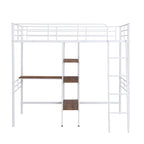 Cama tipo loft baja blanca doble con escalera y barandilla de seguridad para niños