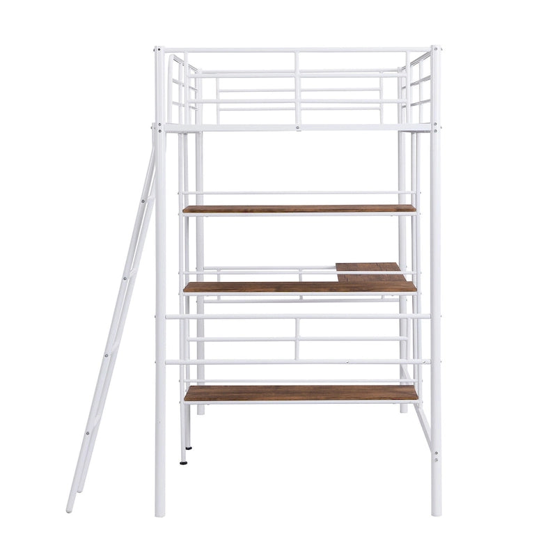 Cama tipo loft baja blanca doble con escalera y barandilla de seguridad para niños