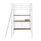 Cama tipo loft baja blanca doble con escalera y barandilla de seguridad para niños