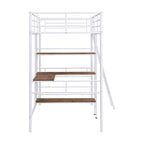 Cama tipo loft baja blanca doble con escalera y barandilla de seguridad para niños