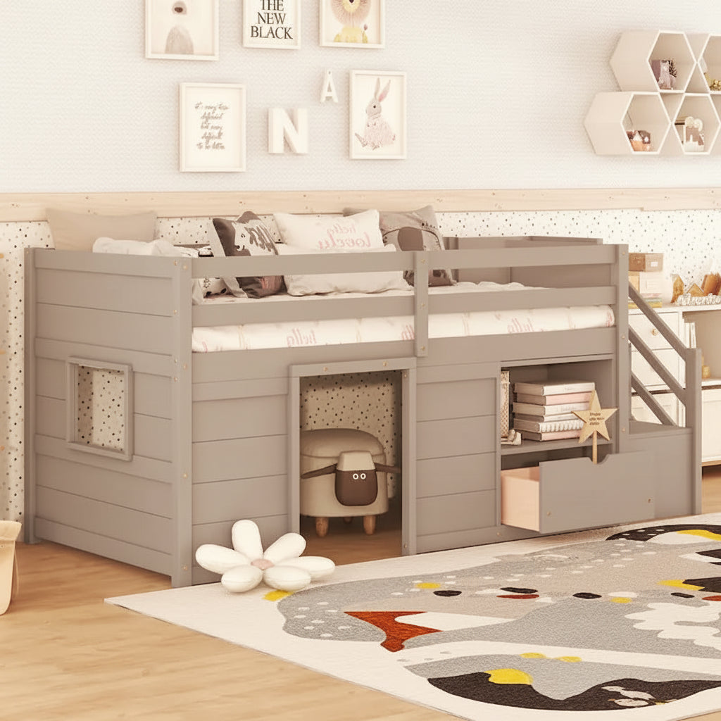 Gray Twin Wood Loft Bed with Storage Shelves, Drawers, and Desk