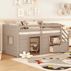 Gray Twin Wood Loft Bed with Storage Shelves, Drawers, and Desk