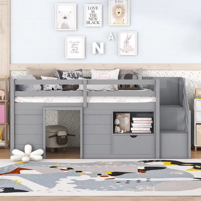 Cama loft doble de madera gris con estantes de almacenamiento, cajones y escritorio