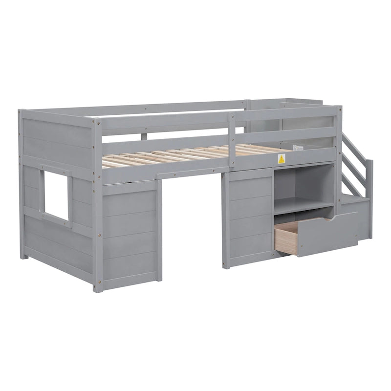 Cama loft doble de madera gris con estantes de almacenamiento, cajones y escritorio