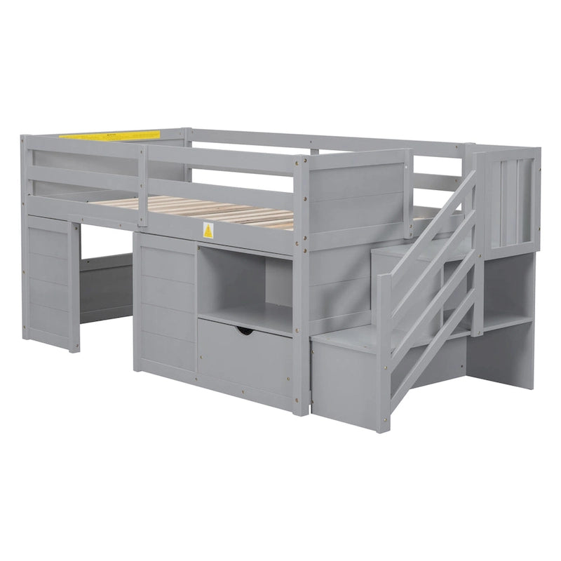 Cama loft doble de madera gris con estantes de almacenamiento, cajones y escritorio