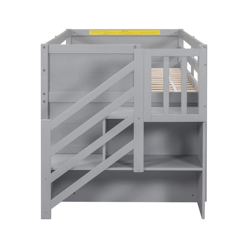 Cama loft doble de madera gris con estantes de almacenamiento, cajones y escritorio