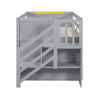 Cama loft doble de madera gris con estantes de almacenamiento, cajones y escritorio