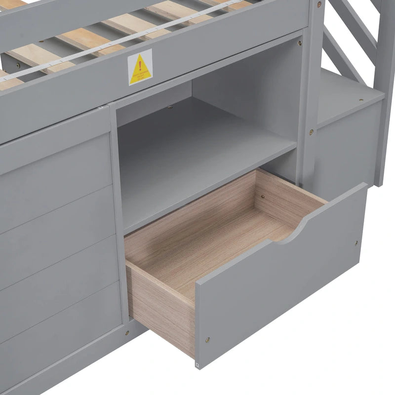 Cama loft doble de madera gris con estantes de almacenamiento, cajones y escritorio