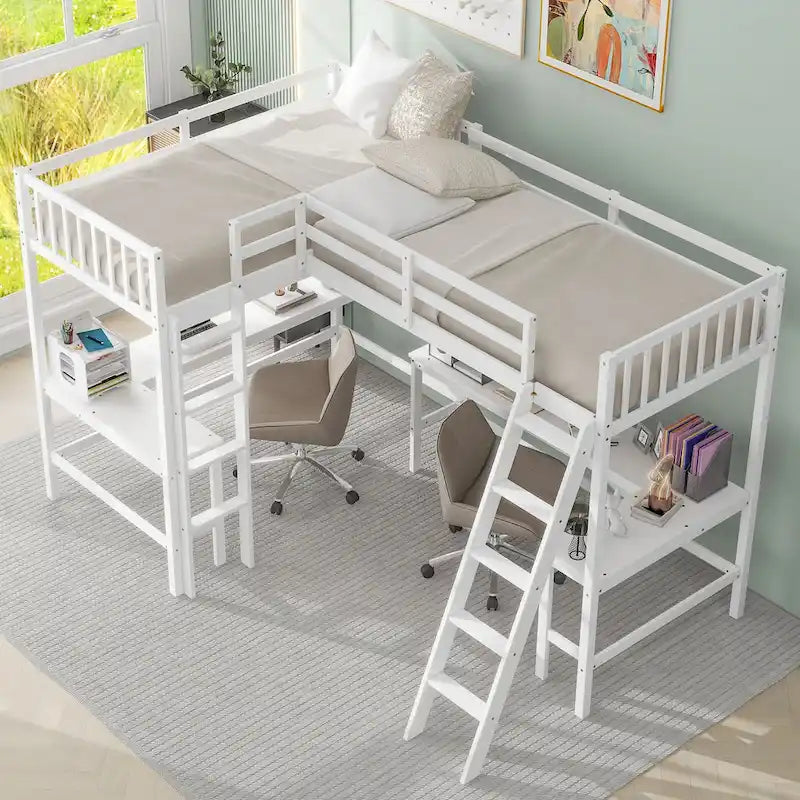 Cama alta individual en forma de L con escritorios