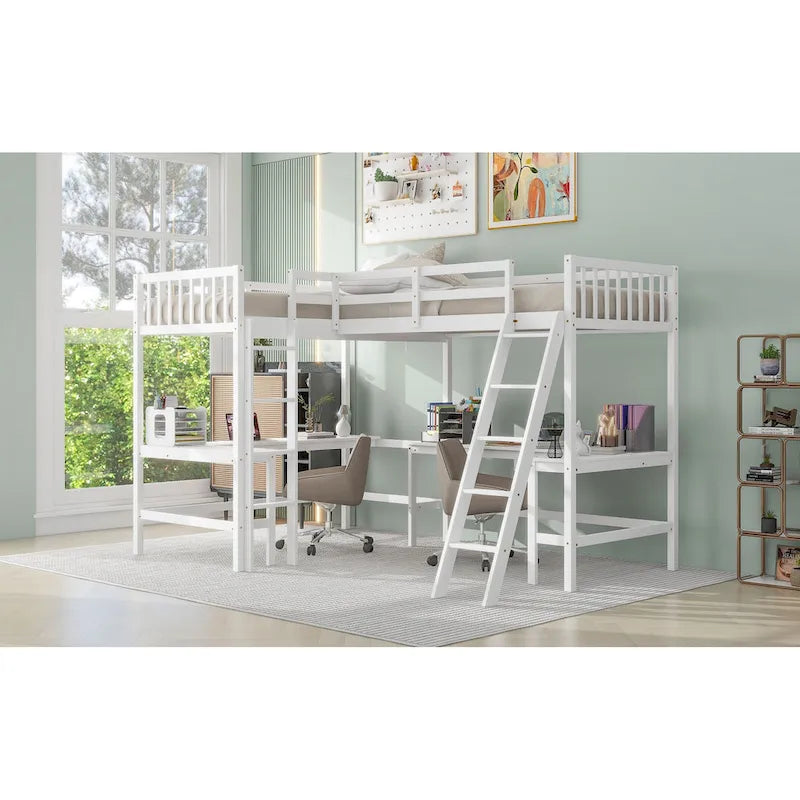 Cama alta individual en forma de L con escritorios