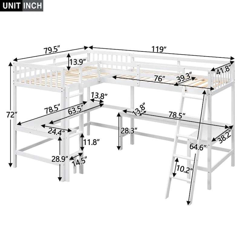 Cama alta individual en forma de L con escritorios
