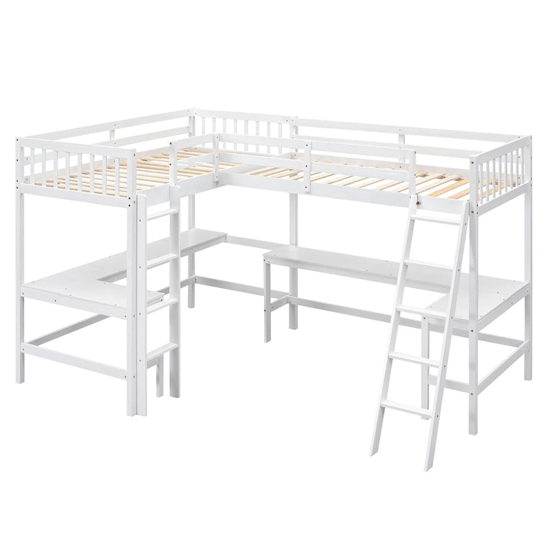 Cama alta individual en forma de L con escritorios