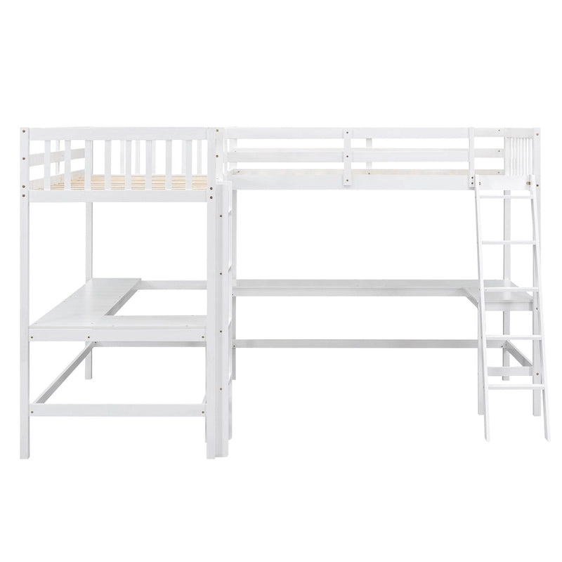 Cama alta individual en forma de L con escritorios