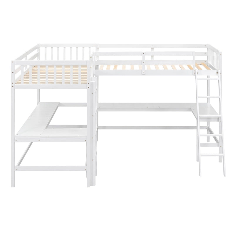 Cama alta individual en forma de L con escritorios