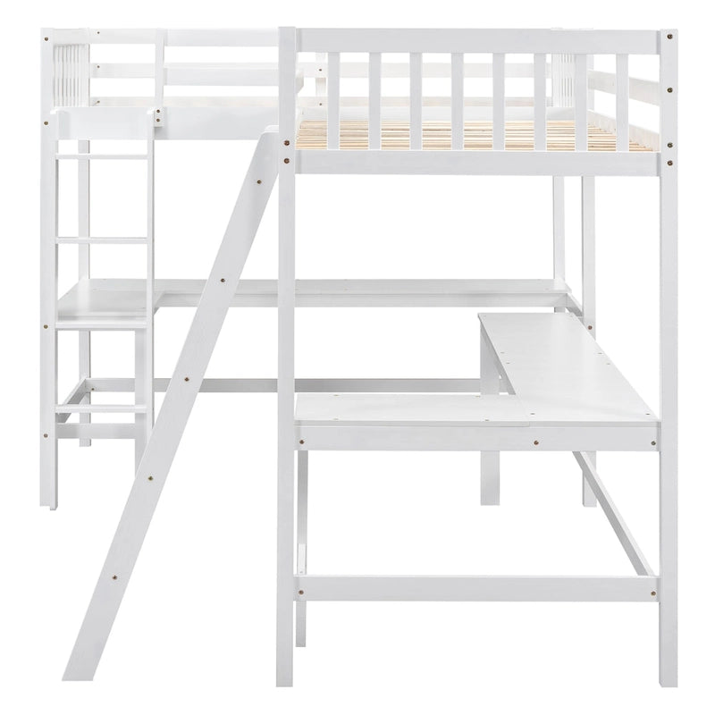 Cama alta individual en forma de L con escritorios