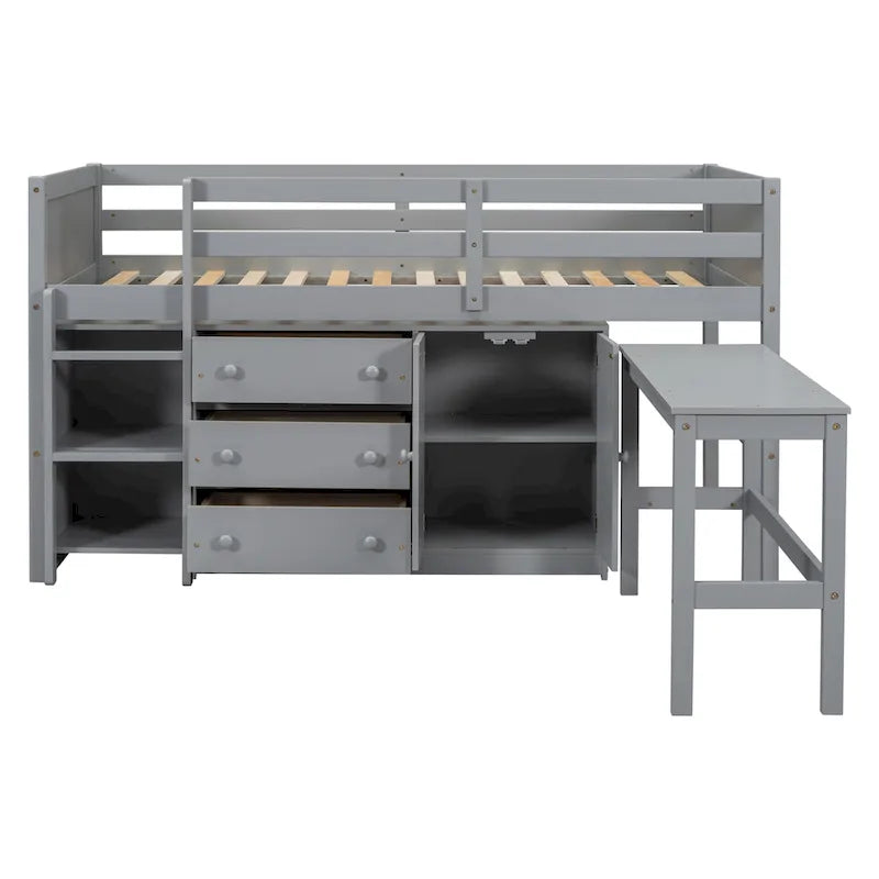 Cama Nido Baja Doble de Madera Gris con Escritorio Extraíble y Cajones