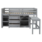 Cama Nido Baja Doble de Madera Gris con Escritorio Extraíble y Cajones