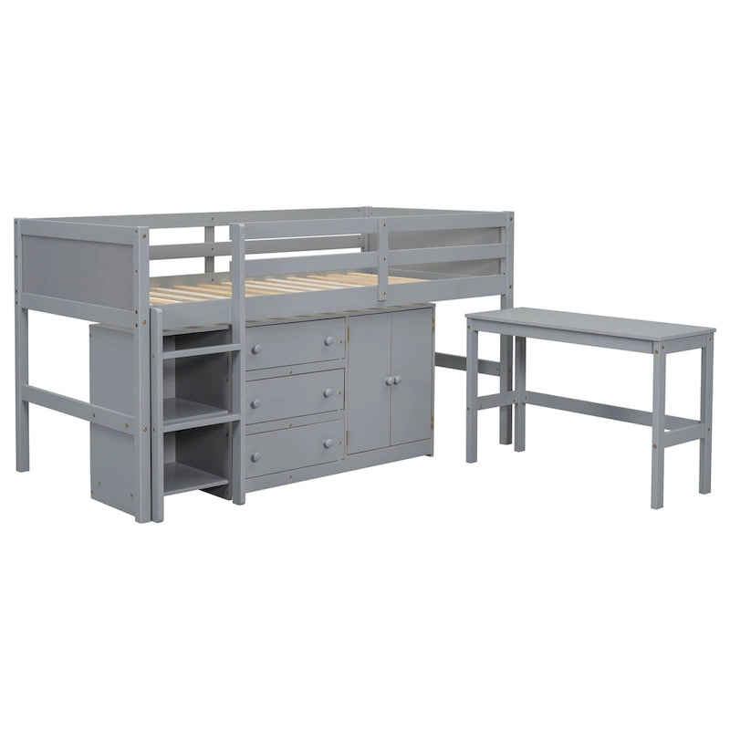 Cama Nido Baja Doble de Madera Gris con Escritorio Extraíble y Cajones