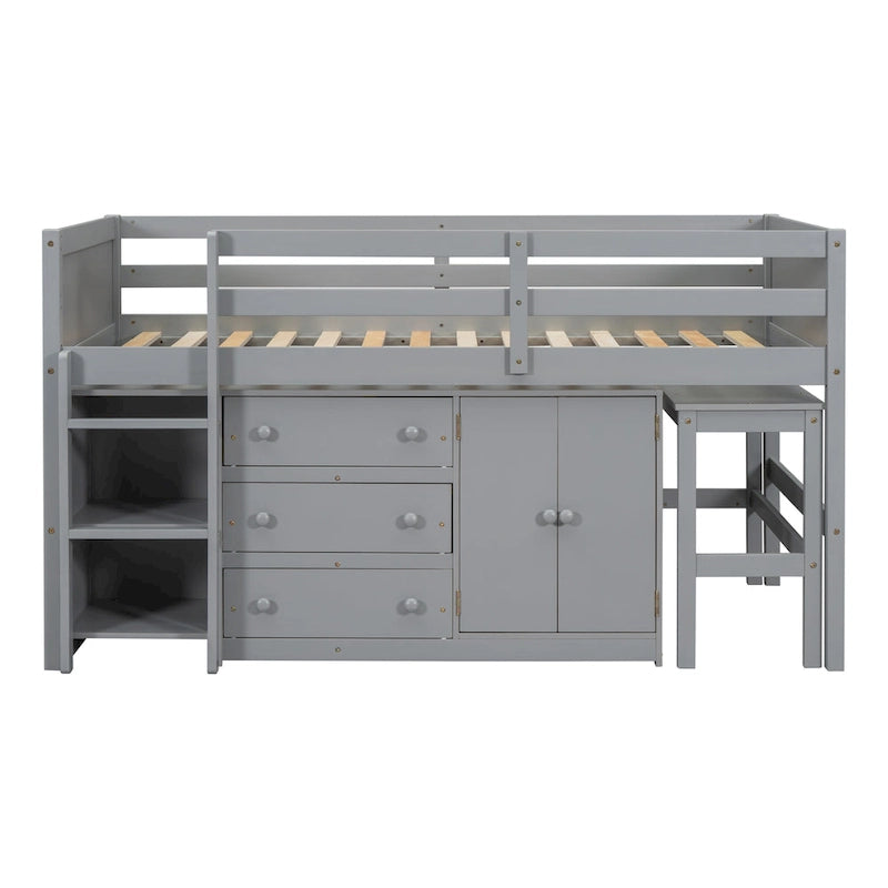 Cama Nido Baja Doble de Madera Gris con Escritorio Extraíble y Cajones