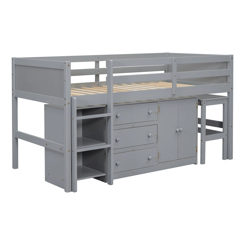 Cama Nido Baja Doble de Madera Gris con Escritorio Extraíble y Cajones