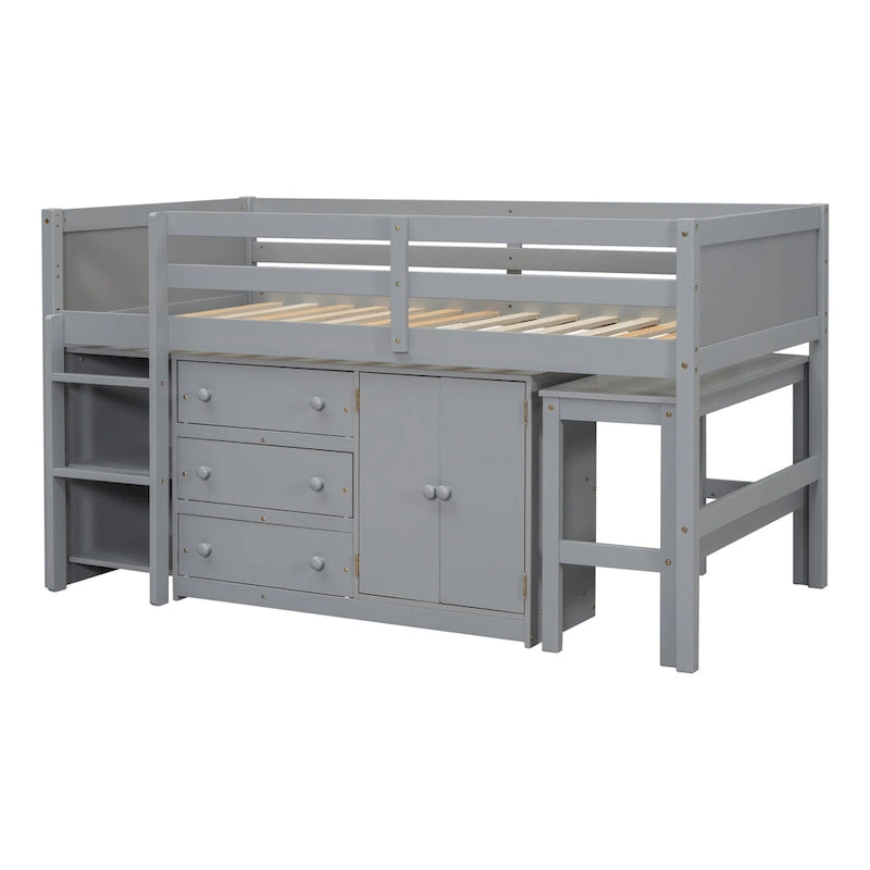 Cama Nido Baja Doble de Madera Gris con Escritorio Extraíble y Cajones