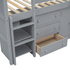 Cama Nido Baja Doble de Madera Gris con Escritorio Extraíble y Cajones