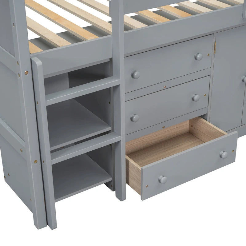 Cama Nido Baja Doble de Madera Gris con Escritorio Extraíble y Cajones