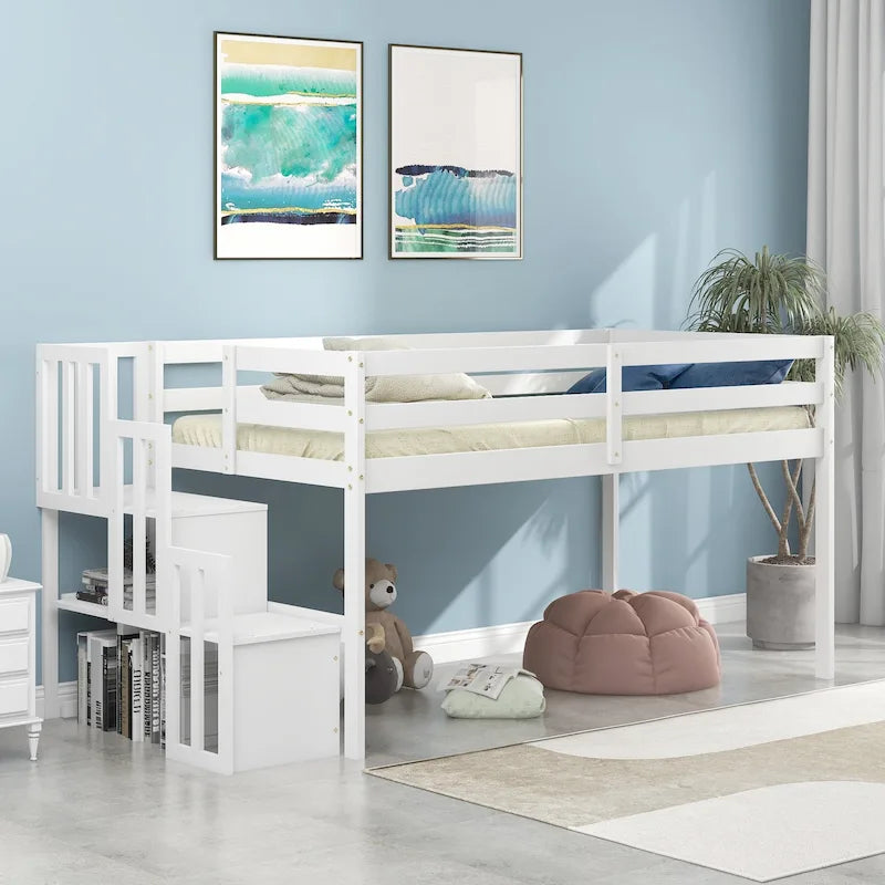 Cama alta de madera de pino tamaño twin con escalera y valla