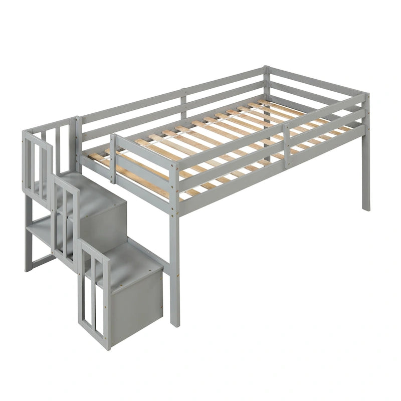 Cama alta de madera de pino tamaño twin con escalera y valla