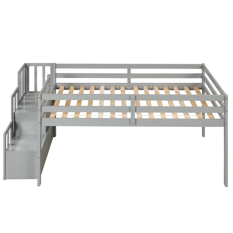 Cama alta de madera de pino tamaño twin con escalera y valla