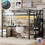 Cama alta de metal Twin XL con escritorio en forma de L, USB y LED para niños y adolescentes