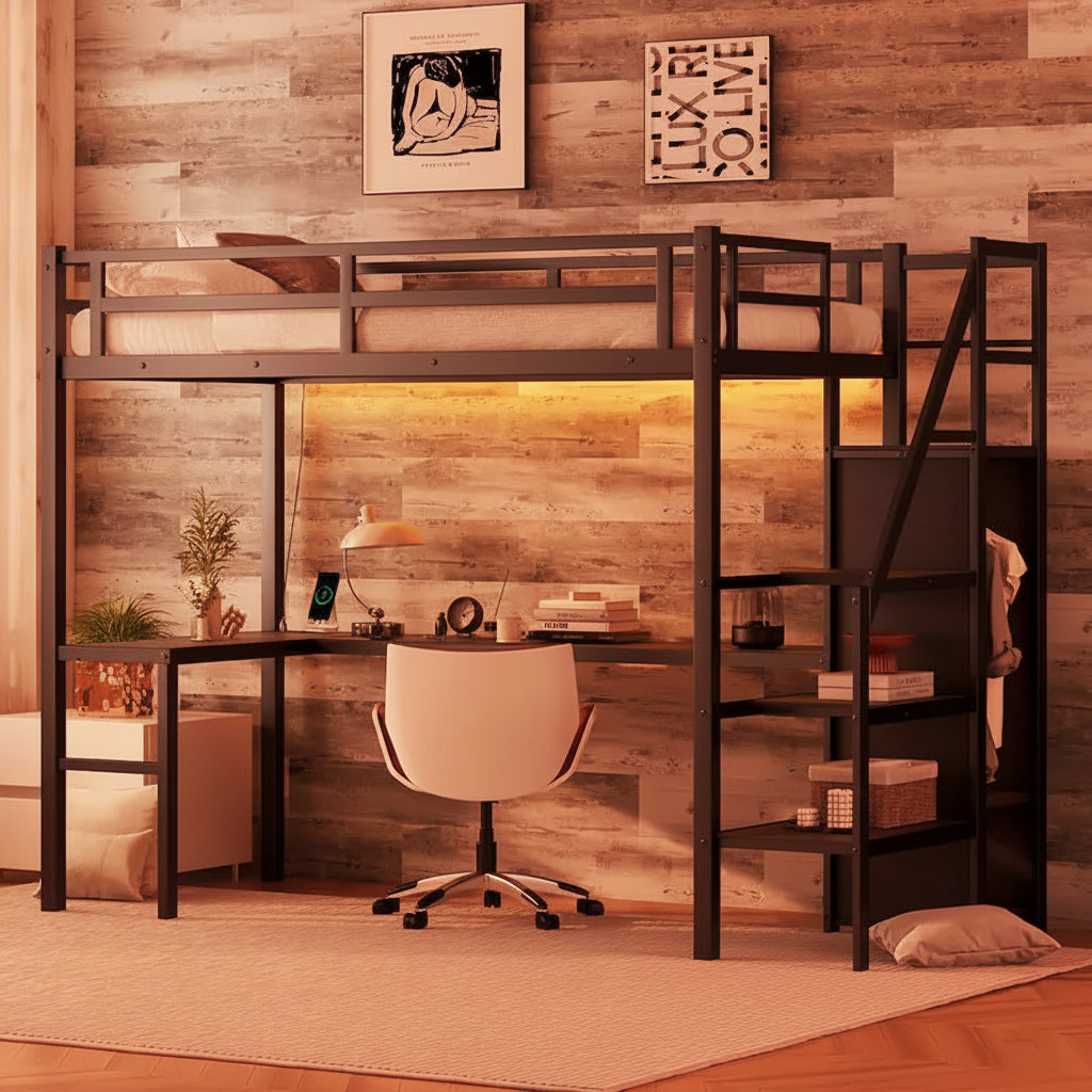 Twin XL Size Metal Loft Bed with L-shaped Desk, USB, and LED for Kids and Teens