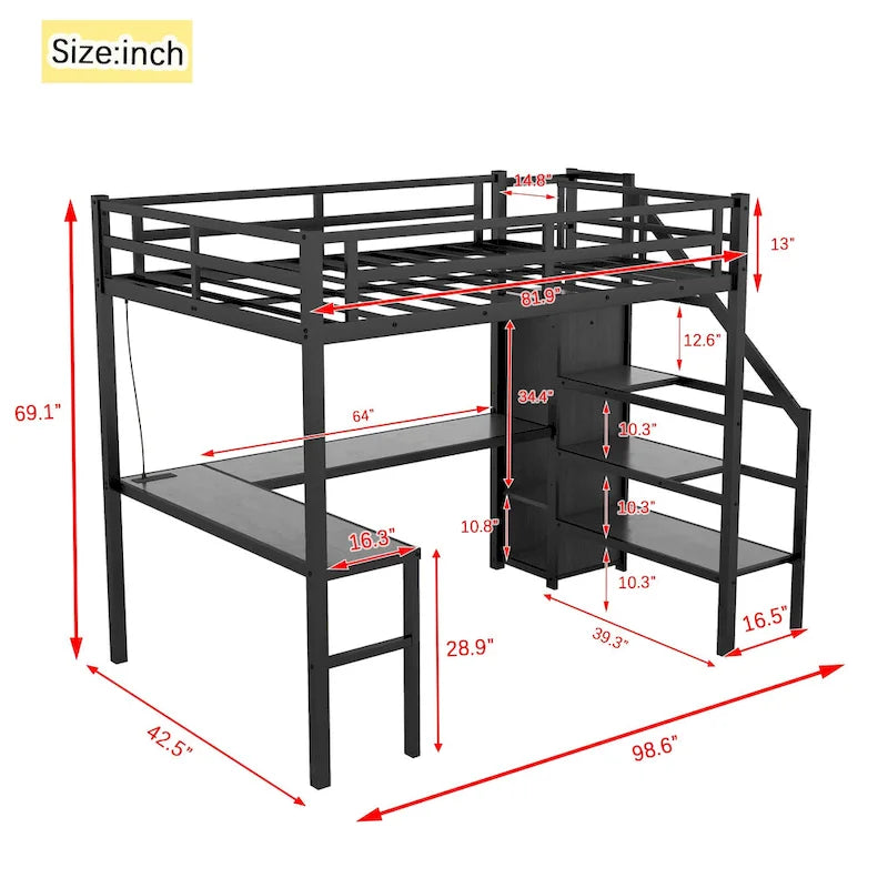 Cama alta de metal Twin XL con escritorio en forma de L, USB y LED para niños y adolescentes