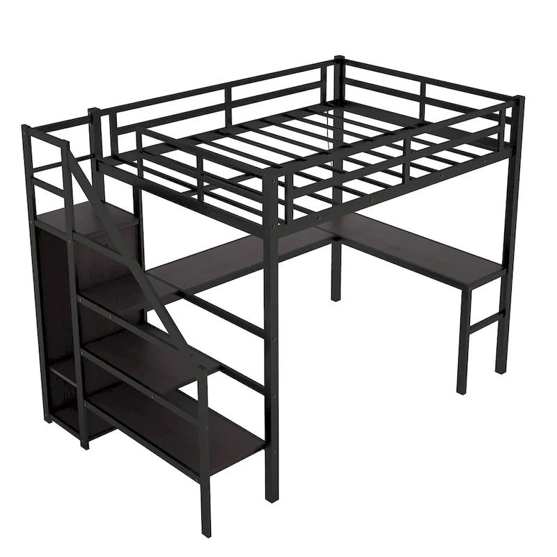 Cama alta de metal Twin XL con escritorio en forma de L, USB y LED para niños y adolescentes